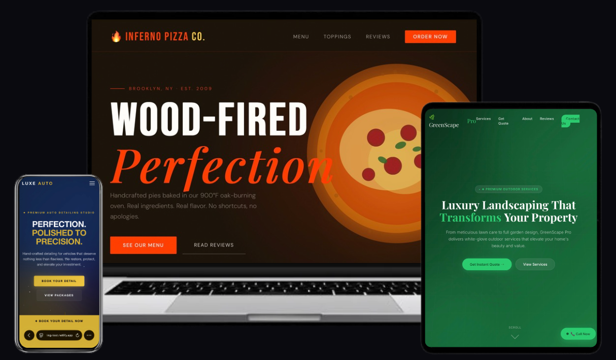 TWH Designs portfolio showcase — three websites built for small businesses